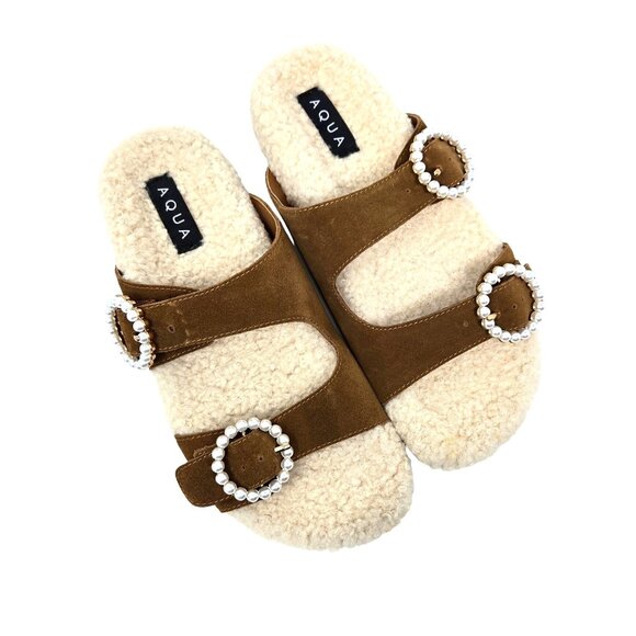 Aqua Furry Womens 7M Suede Sherpa Lined Pearl Slide Sandals Brown Ivory - Picture 1 of 9